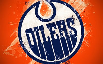 Edmonton Oilers, 4k, grunge sanat, Kanadalı hokey kul&#252;b&#252;, logo, portakal arka plan, yaratıcı sanat, amblem, NHL, Edmonton, Alberta, Kanada, ABD, hokey, Batı Konferansı, Ulusal Hokey Ligi, boya sanat