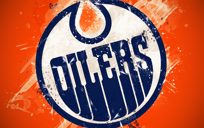 Edmonton Oilers, 4k, grunge art, Canadian hockey club, logo, orange background, creative art, emblem, NHL, Edmonton, Alberta, Canada, USA, hockey, Western Conference, National Hockey League, paint art