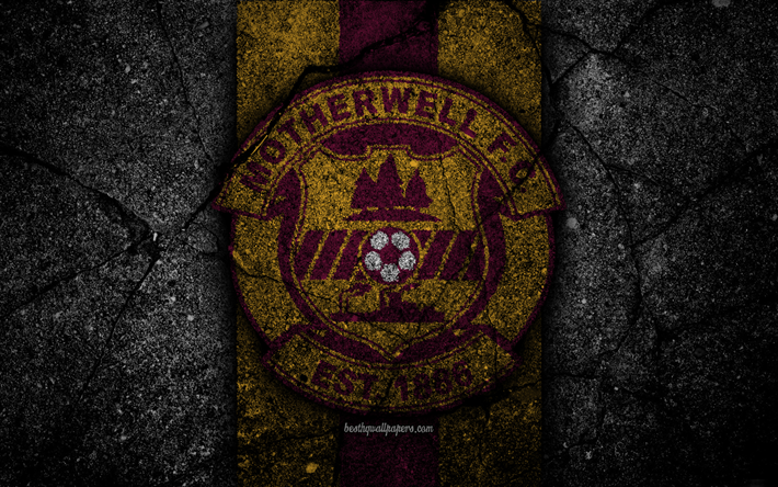 Motherwell FC, 4k, emblem, Skotska Premier League, fotboll, Skottland, Motherwell, asfalt konsistens, Skotsk Fotboll