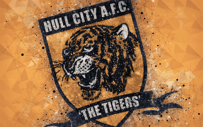 Hull City AFC, 4k, art g&#233;om&#233;trique, logo, orange fond abstrait, club de football anglais, embl&#232;me, EFL Championnat, Kingston upon Hull, East Riding of Yorkshire, Angleterre, royaume-Uni, le football, le Championnat anglais