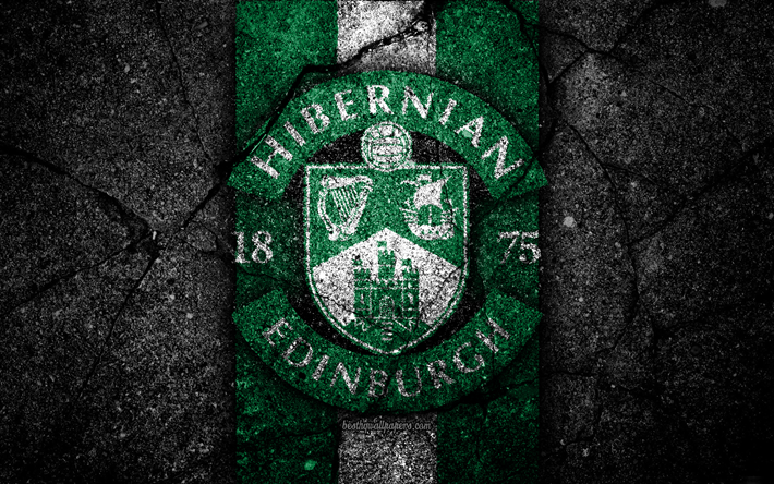 Hibernian FC, 4k, emblema, Scottish premier league, calcio, Scozia, Hibernian, asfalto texture, Campionato di Calcio Scozzese