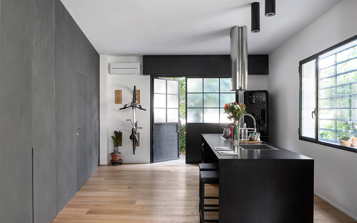 cozinha elegante interior, design moderno, minimalismo, de bicicleta na parede, rack para bicicleta