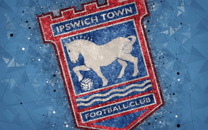 Ipswich Town FC, 4k, geometrinen taide, logo, sininen abstrakti tausta, Englannin football club, tunnus, EFL-Mestaruuden, Ipswich, Suffolk, Englanti, Yhdistynyt Kuningaskunta, jalkapallo, Englannin Mestaruussarja