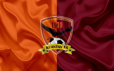Kuantan FA, 4k, logo, silk texture, Malaysian football club, orange maroon silk flag, Malaysia Premier League, Kuala Lumpur, Malaysia, football