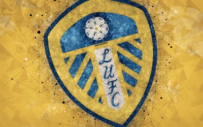 Leeds United FC, 4k, geometrik sanat, logo, sarı soyut arka plan, İngiliz Futbol Kul&#252;b&#252; amblemi, HAZIRLIK Şampiyonası, Leeds, İngiltere, Birleşik Krallık, futbol, UEFA Şampiyonlar