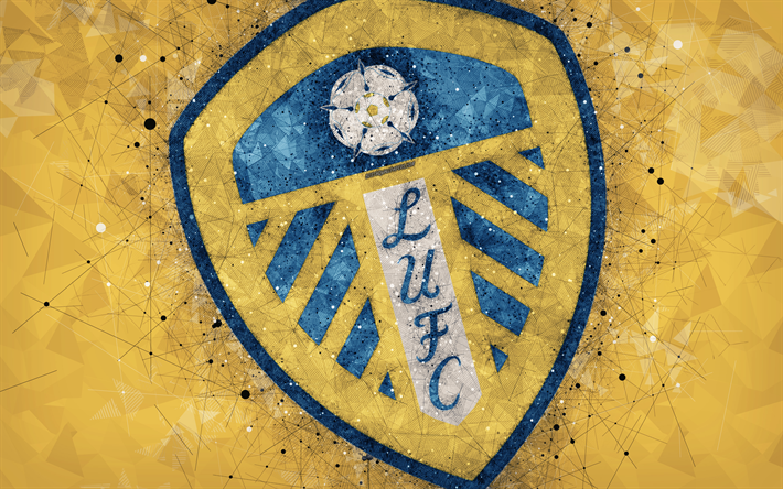 Leeds United FC, 4k, geometric art, logo, yellow abstract background, English football club, emblem, EFL Championship, Leeds, England, United Kingdom, football, English Championship