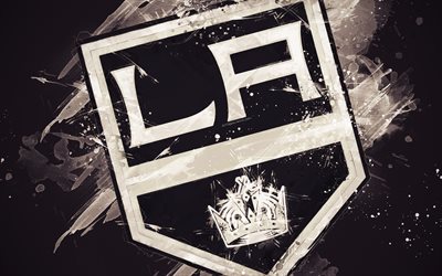 Los Angeles Kings, 4k, grunge sanat, Amerikan hokey kul&#252;b&#252;, logo, siyah arka plan, yaratıcı sanat, amblem, NHL, Los Angeles, ABD, hokey, Batı Konferansı, Ulusal Hokey Ligi, boya sanat