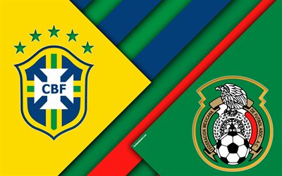 Brazil vs Mexico, 4k, material design, Round 16, abstraction, logos, 2018 FIFA World Cup, Russia 2018, football match, July 2, Samara Arena