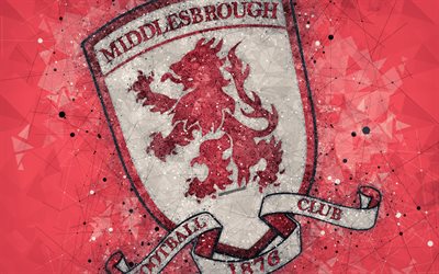 Middlesbrough FC, 4k, geometric art, logo, red abstract background, English football club, emblem, EFL Championship, Middlesbrough, England, United Kingdom, football, English Championship