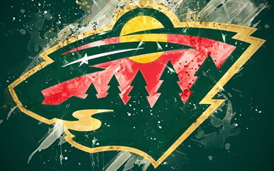 Minnesota Wild, 4k, grunge art, American hockey club, logo, green background, creative art, emblem, NHL, St Paul, Minnesota, USA, hockey, Western Conference, National Hockey League, paint art