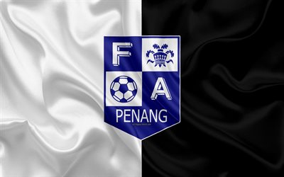 Penang FA, 4k, logotyp, siden konsistens, Malaysiska football club, vit svart silk flag, Malaysia Premier League, Penang, Malaysia, fotboll, FC Penang