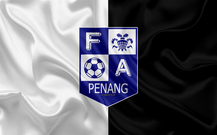 Penang FA, 4k, logo, silkki tekstuuri, Malesian football club, valkoinen musta silkki lippu, Malaysia Premier League, Penang, Malesia, jalkapallo, FC Penang