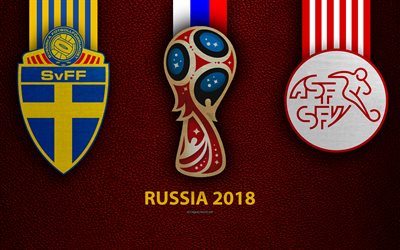 Sweden vs Switzerland, Round 16, 4k, leather texture, logo, 2018 FIFA World Cup, Russia 2018, July 3, football match, creative art, national football teams