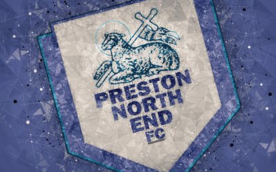 Preston North End FC, 4k, geometric art, logo, blue abstract background, English football club, emblem, EFL Championship, Preston, Lancashire, England, United Kingdom, football, English Championship