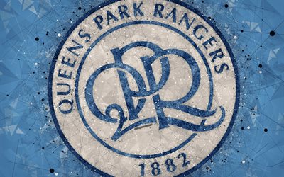 Queens Park Rangers FC, QPR, 4k, geometric art, logo, blue abstract background, English football club, emblem, EFL Championship, Hammersmith, Fulham, England, United Kingdom, football, English Championship