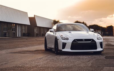 Nissan GT-R, R35, Evening, front view, white sports coupe, tuning GT-R, black wheels, Japanese sports cars, Nissan, White GTR
