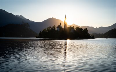 Bled, morgon, soluppg&#229;ng, Sj&#246;n Bled, kyrkan, &#246;n, Radovljica, Slovenien