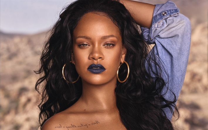 Rihanna, 4k, portre, şık mor makyaj, y&#252;z, Amerikalı şarkıcı, G&#252;zel kadın, Robyn Rihanna Fenty