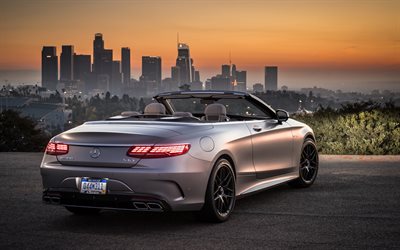Mercedes-Benz S63 AMG, 4MATIC, 2018, silver cabriolet, rear view, luxury car, new silver S63, cityscape, Los Angeles, Mercedes