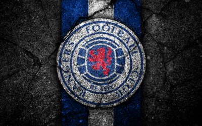 FC Rangers, 4k, emblema, Scottish premier league, calcio, Scozia, Rangers, asfalto texture, Campionato di Calcio Scozzese, Rangers FC