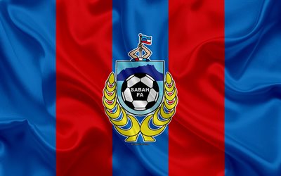 Sabah FA, 4k, logo, ipek doku, Malezya Futbol Kul&#252;b&#252;, Mavi Kırmızı ipek bayrak, Malezya Premier Lig Sabah, Malezya, futbol, Sabah FC