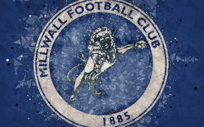 Millwall FC, 4k, geometrik sanat, logo, mavi soyut arka plan, İngiliz Futbol Kul&#252;b&#252; amblemi, HAZIRLIK Şampiyonası, G&#252;ney Lambeth, Southwark, İngiltere, Birleşik Krallık, futbol, UEFA Şampiyonlar