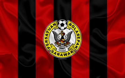 Sarawak FA, 4k, logo, silk texture, Malaysian football club, red black silk flag, Malaysia Premier League, Sarawak, Malaysia, football
