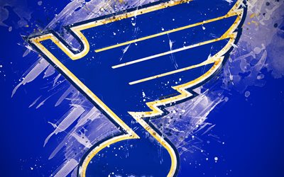 St Louis Blues, 4k, grunge art, American hockey club, logo, sininen tausta, creative art, tunnus, NHL, St Louis, Missouri, USA, j&#228;&#228;kiekko, L&#228;ntisen Konferenssin, National Hockey League, paint taidetta