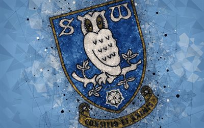 sheffield wednesday fc, 4k, geometrische kunst, logo, blau abstrakten hintergrund, den englischen fu&#223;ball-club, emblem, efl-meisterschaft, sheffield, south yorkshire, england, united kingdom, fu&#223;ball, englische meisterschaft
