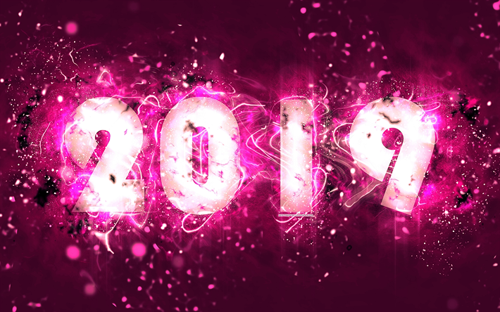 2019 year, creative, neon lights, 4k, abstract art, 2019 concepts, purple background, purple neon, Happy New Year 2019