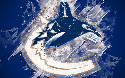 Vancouver Canucks, 4k, grunge sanat, Kanadalı hokey kul&#252;b&#252;, logo, mavi arka plan, yaratıcı sanat, amblem, NHL, British Columbia, Kanada, ABD, hokey, Batı Konferansı, Ulusal Hokey Ligi, boya sanat