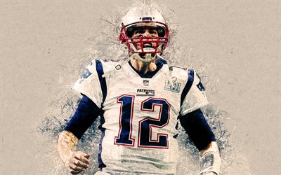 Tom Brady, 4k, sanat, New England Patriots, sı&#231;raması, grunge, beyaz arka plan, NFL, Amerikan Futbolu, oyun kurucu, Ulusal Futbol Ligi, yaratıcı sanat, ABD, Thomas Edward Patrick Brady Jr