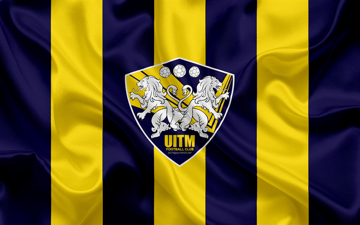 UiTM FC, Universiti Teknologi MARA, 4k, logo, silk texture, Malaysian football club, blue yellow silk flag, Malaysia Premier League, Shah Alam, Selangor, Malaysia, football