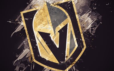 Vegas Golden Knights, 4k, grunge art, American hockey club, logo, gray background, creative art, emblem, NHL, Las Vegas, Nevada, USA, hockey, Western Conference, National Hockey League, paint art
