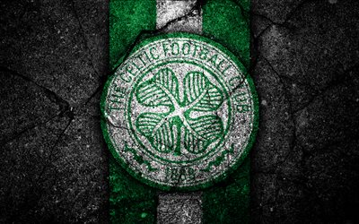 FC Celtic, 4k, amblem, İsko&#231; Premiership, futbol, İsko&#231;ya, Celtic, asfalt doku, İsko&#231; Futbol Şampiyonası, Celtic FC