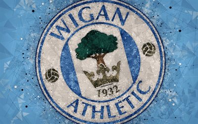 O Wigan Athletic FC, 4k, arte geom&#233;trica, logo, azul resumo de plano de fundo, Clube de futebol ingl&#234;s, emblema, EFL Campeonato, O Wigan, Inglaterra, Reino Unido, futebol, Campeonato Ingl&#234;s