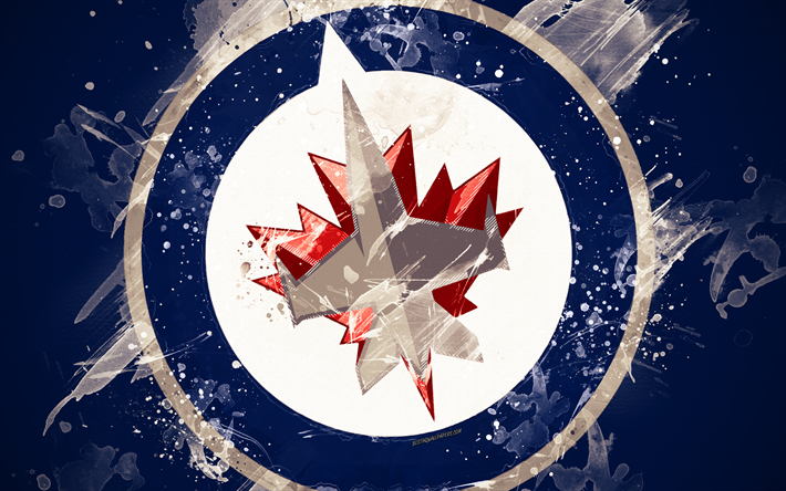 Winnipeg Jets, 4k, grunge konst, Kanadensisk hockey club, logotyp, m&#246;rk bl&#229; bakgrund, kreativ konst, emblem, NHL, Winnipeg, Manitoba, Kanada, USA, hockey, V&#228;stra Konferensen, National Hockey League, m&#229;la konst
