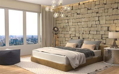 elegante e moderna camera da letto, muro di pietra, interni moderni, design, camera da letto, creativo lampadario
