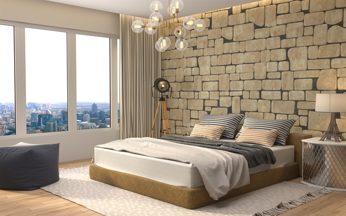 stylish modern bedroom, stone wall, modern interior design, design, bedroom, creative chandelier