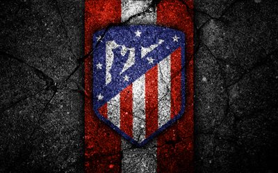 4k, Atletico Madrid FC, new logo, La Liga, soccer, black stone, football club, Spain, Atletico Madrid, emblem, LaLiga, Atletico Madrid new logo, asphalt texture
