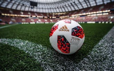 Adidas Telstar 18, bola oficial, Telstar Mechta, bola para a final, vermelho bola preta, 2018 Copa do Mundo da FIFA R&#250;ssia, est&#225;dio de futebol, grama verde, Est&#225;dio Luzhniki, final, R&#250;ssia, Moscovo
