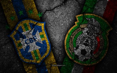 Brazil vs Mexico, 4k, FIFA World Cup 2018, Round of 16, logo, Russia 2018, Soccer World Cup, Brazil football team, Mexico football team, black stone, Eighth-final