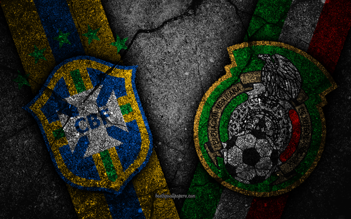 Brasilien vs Mexico, 4k, FOTBOLLS-Vm 2018, Omg&#229;ng 16, logotyp, Ryssland 2018, Fotbolls-Vm, Brasilien i fotboll, Mexiko fotboll, svart sten, &#197;ttonde-final