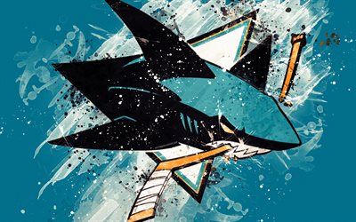San Jose Sharks, 4k, grunge art, American hockey club, logo, sininen tausta, creative art, tunnus, NHL, San Jose, California, USA, j&#228;&#228;kiekko, L&#228;ntisen Konferenssin, National Hockey League, paint taidetta