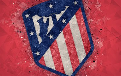 Atletico Madrid, 4k, il nuovo logo, arte geometrica, logo 2018, emblema, squadra di calcio spagnola, LaLiga, sfondo rosso, Madrid, Spagna, calcio, arte creativa