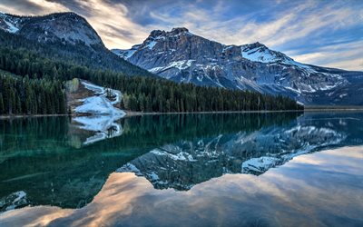 paysage de montagne, le lac du glacier, soir, coucher de soleil, montagnes, Alberta, Canada