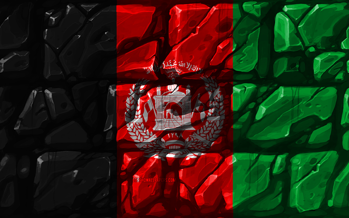Afgano bandiera, brickwall, 4k, paesi Asiatici, simboli nazionali, Bandiera dell&#39;Afghanistan, creativo, Afghanistan, Asia, Afghanistan 3D bandiera
