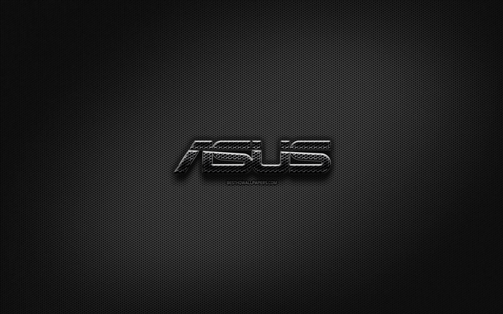 Asus black logo, creative, metal grid background, Asus logo, brands, Asus