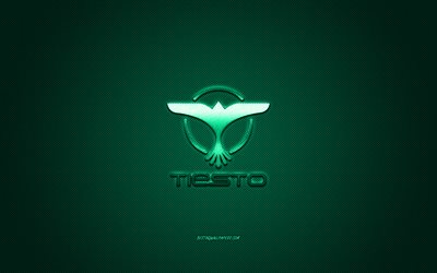 Tiesto logo, verde brillante logo, Tiesto in metallo emblema, il DJ olandese, Tijs Michiel Verwest, verde fibra di carbonio trama, Tiesto, marchi, arte creativa