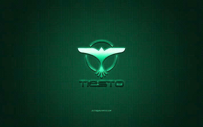 Tiesto logo, vert brillant logo, Tiesto embl&#232;me m&#233;tallique, DJ hollandais, Tijs Michiel Verwest, vert en fibre de carbone texture, Tiesto, marques, art cr&#233;atif